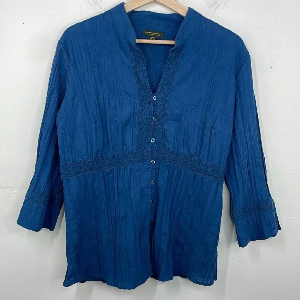 Cottagecore Boho Crinkled Button Down Crew Neck Crochet Detail 3/4 sleeve Large